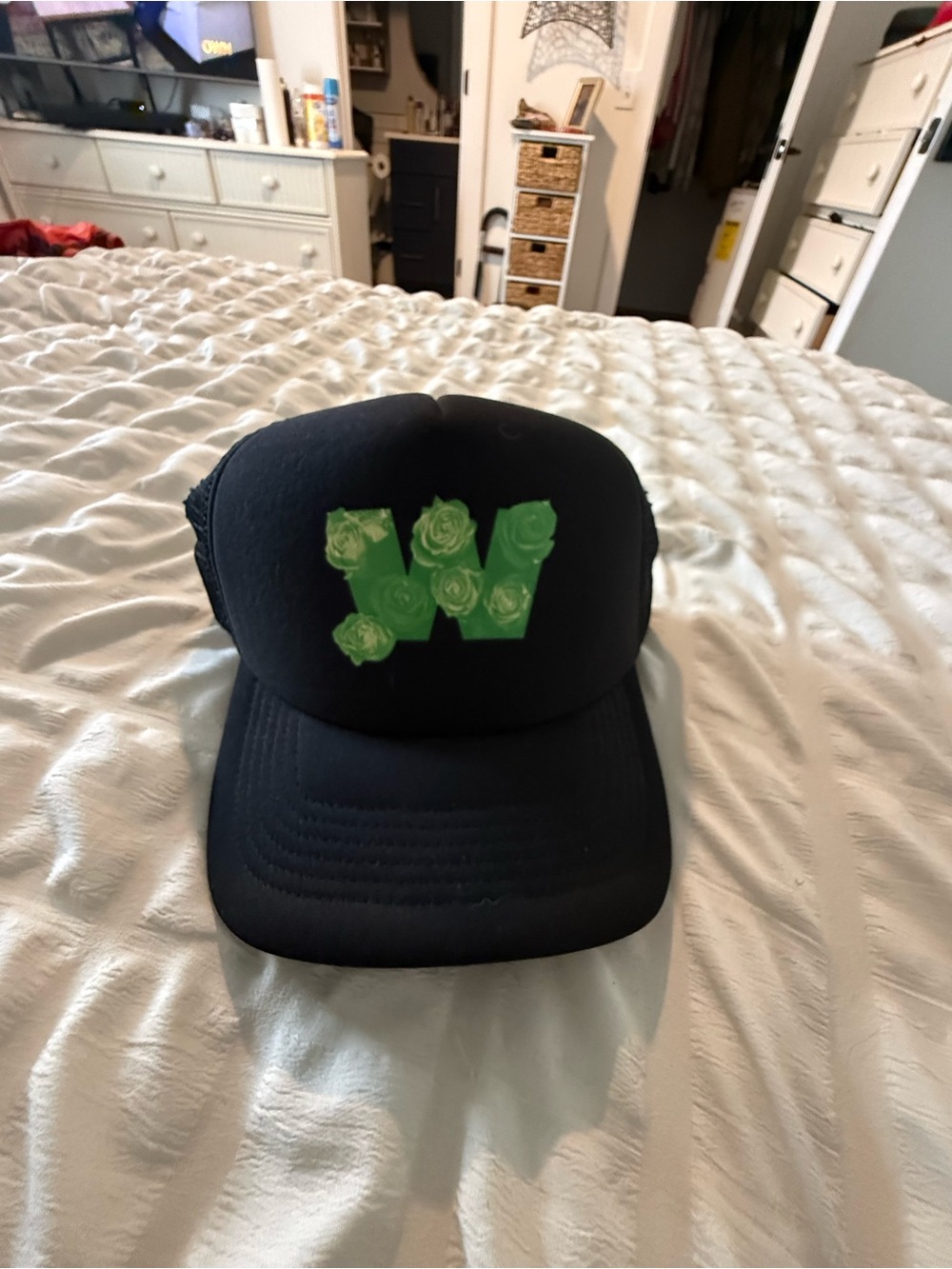 Kids Black Trucker Hat with Green Floral 'W'